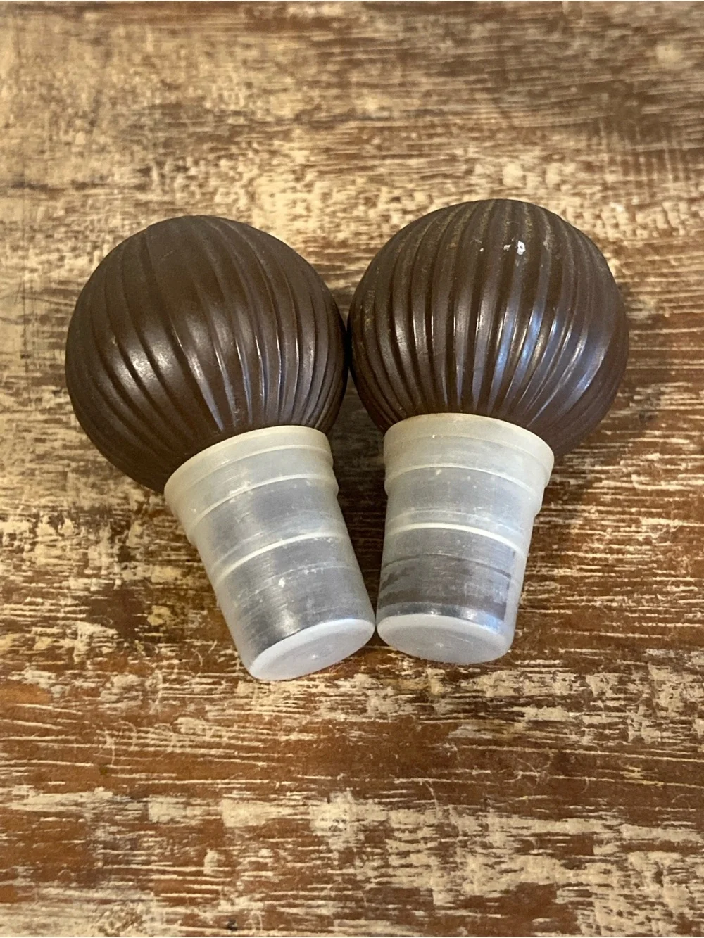 2 Vintage Ribbed Glass Decanters Vanity Bottles with Round Plastic Lids JPI NYC
